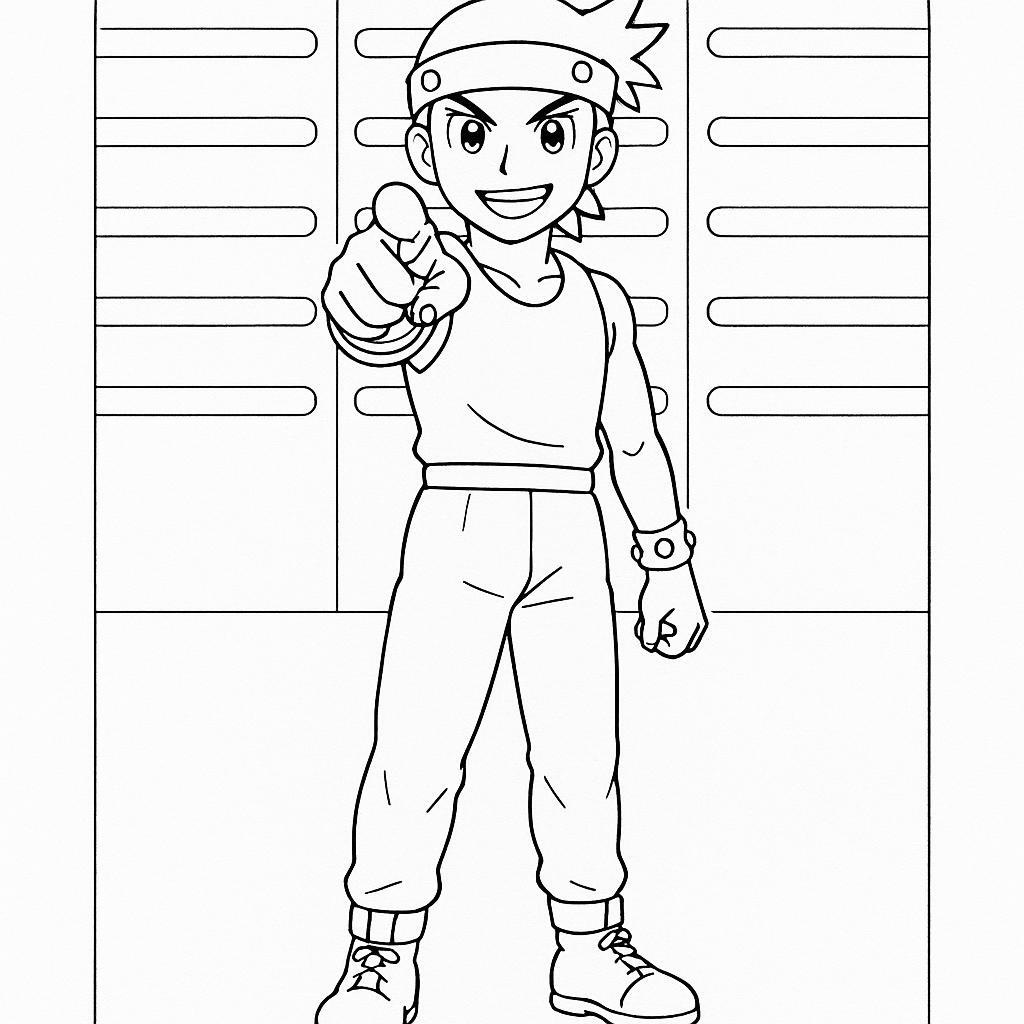 Coloring page of a manga character, fan pointing at the camera