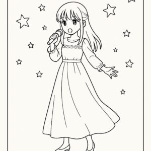 Coloring page of a manga character, maknae performing