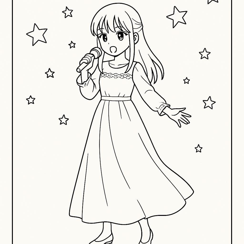 Coloring page of a manga character, maknae performing
