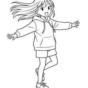 Coloring page of a manga character, maknae spinning with hair flying
