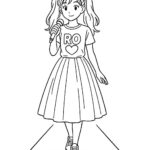 Page de coloriage d’un personnage de manga, chanteur marchant sur la passerelle de la scène