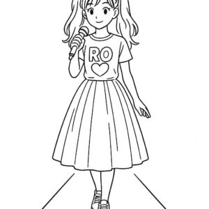 Coloring page of a manga character, vocalist walking down the stage runway