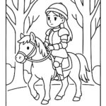 Page à colorier d&rsquo;une cavalière Mustang, fille du village sur un poney traversant une forêt