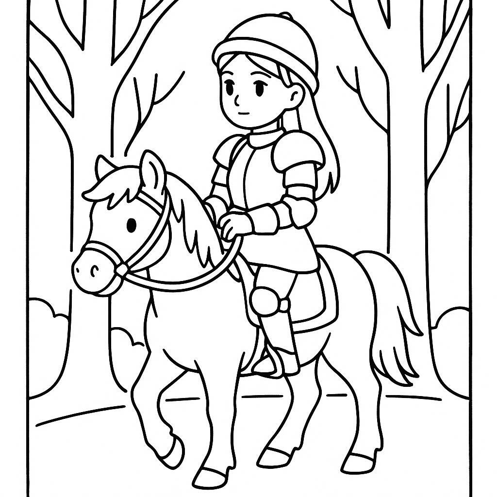 Coloring page of a Mustang female rider, village girl on a pony riding through a forest