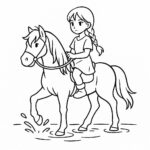 Page de coloriage d&rsquo;une fille Mustang chevauchant un cheval, fille de village sur un poney traversant une rivière