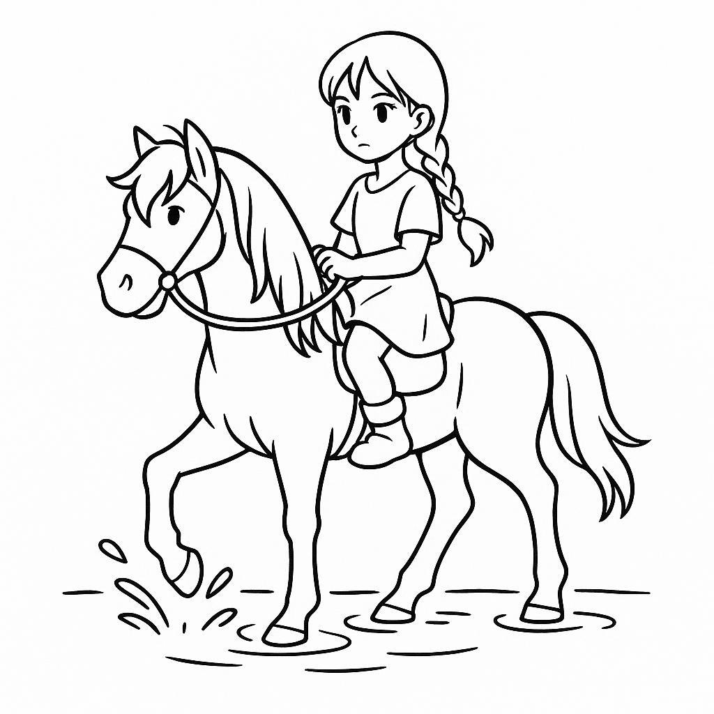 Coloring page of a Mustang girl riding a horse, village girl on a pony crossing a river