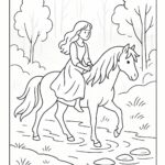 Page à colorier d&rsquo;une fille Mustang montant un cheval, fille du village sur un poney traversant une rivière