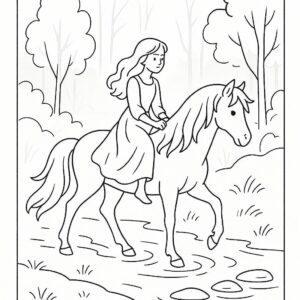 Coloring page of a Mustang girl riding a horse, village girl on a pony crossing a river