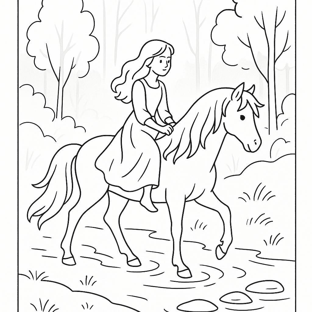 Coloring page of a Mustang girl riding a horse, village girl on a pony crossing a river
