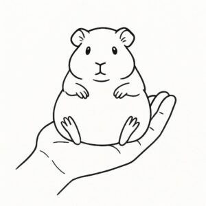 Coloring page of a pet guinea pig, fluffy friend resting on a human hand