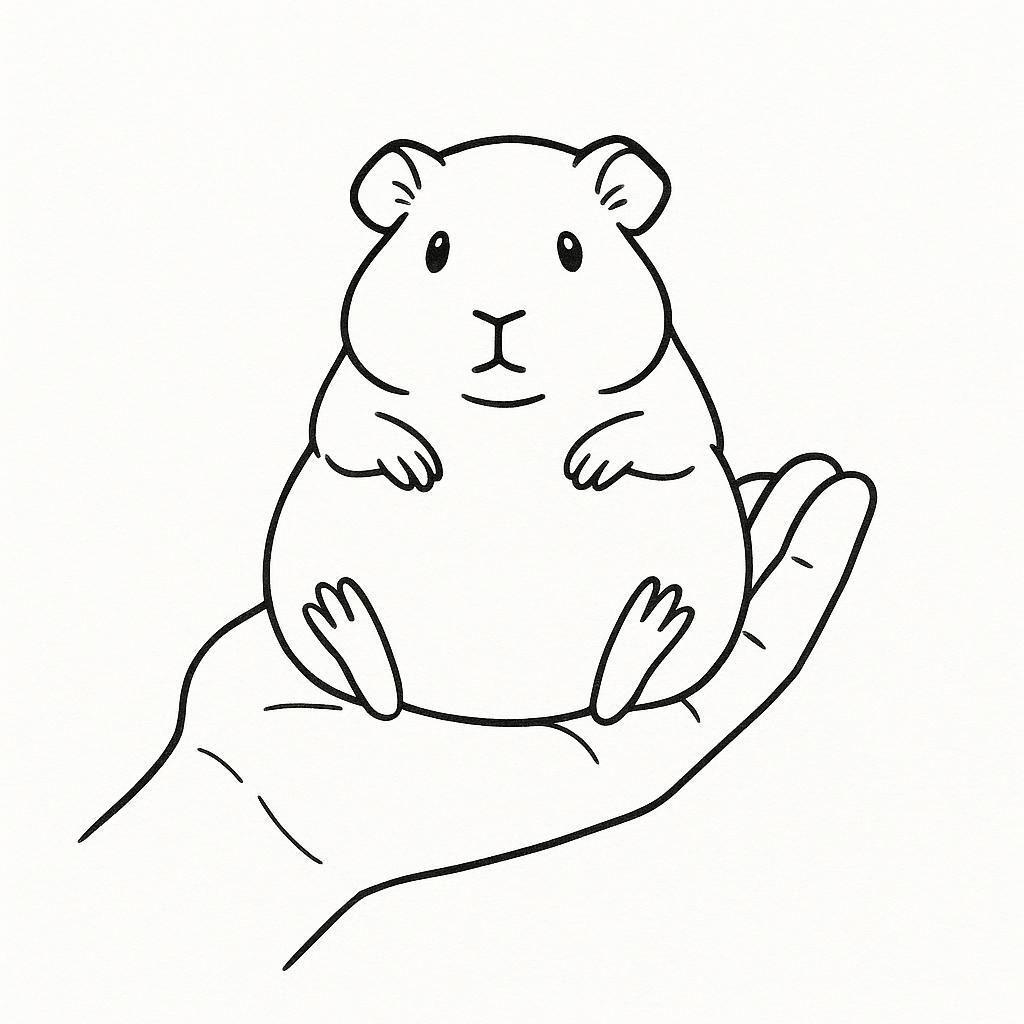 Coloring page of a pet guinea pig, fluffy friend resting on a human hand