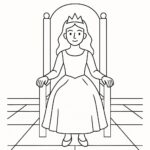 Page à colorier d&rsquo;une princesse, charmante dirigeante assise sur un trône