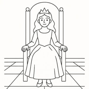Coloring page of a princess, charming leader sitting on a throne