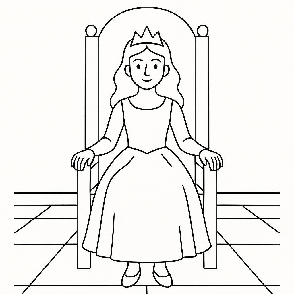 Coloring page of a princess, charming leader sitting on a throne