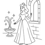Page à colorier d’une princesse, souveraine bienveillante regardant par la fenêtre d’une tour