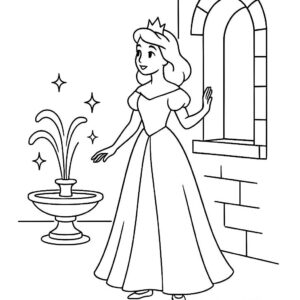 Coloring page of a princess, kind ruler looking out of a tower window
