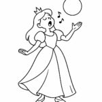 Page à colorier d’une princesse, noble protectrice chantant au clair de lune