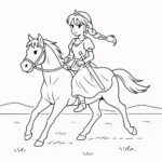 Page de coloriage d&rsquo;une jeune femme à cheval sur un Quarter Horse, princesse guerrière de fantaisie galopant à travers une prairie