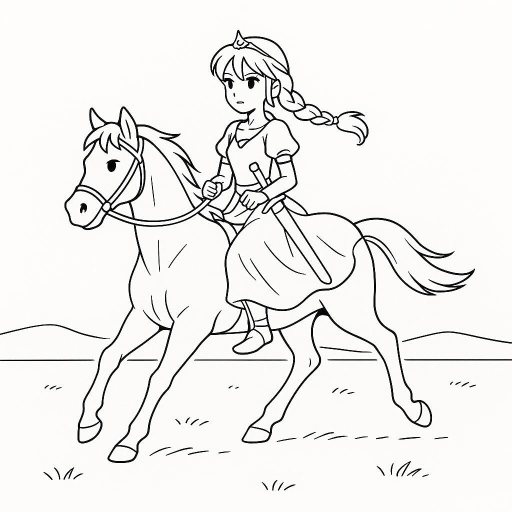 Coloring page of a Quarter Horse young woman on horseback, fantasy warrior princess galloping across a meadow