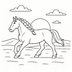 Page de coloriage d&rsquo;un cheval de course, cheval de trait courant au coucher du soleil