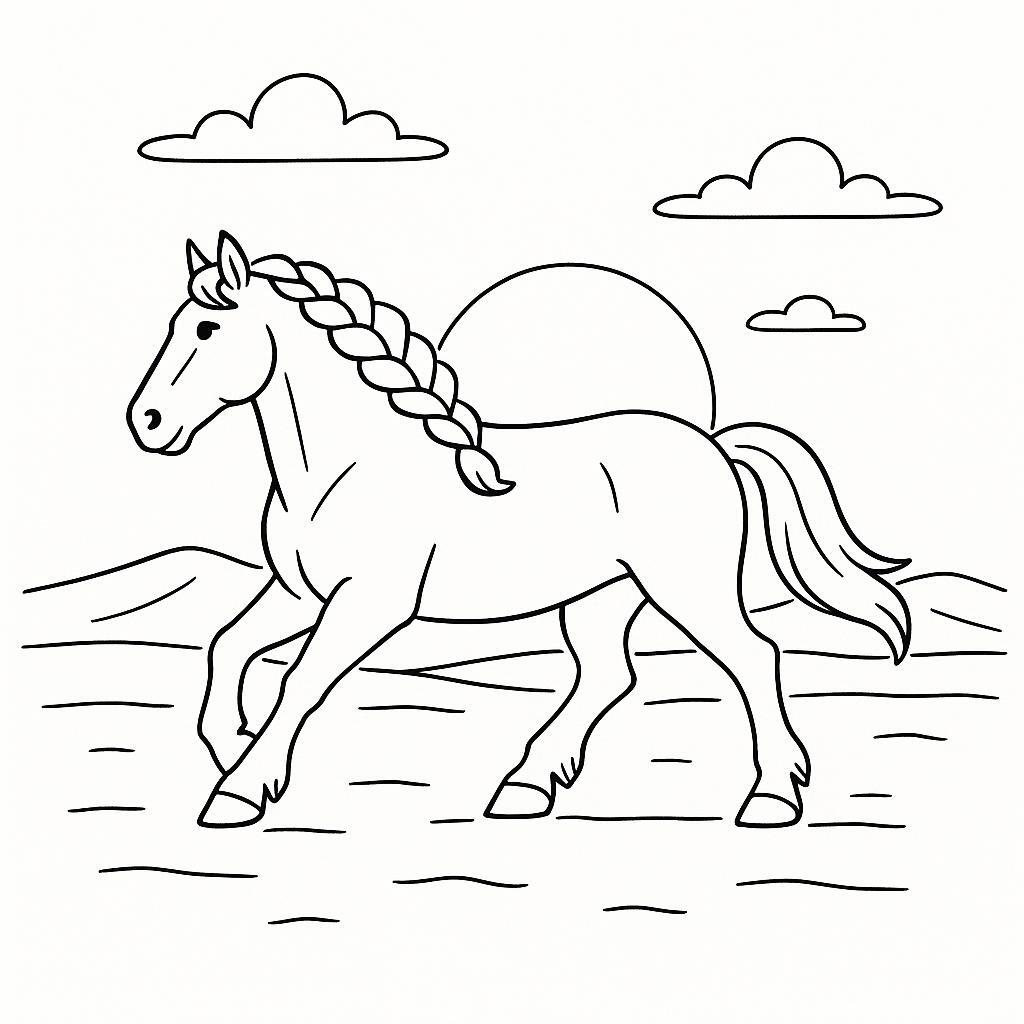 Coloring page of a racehorse, draft horse running at sunset