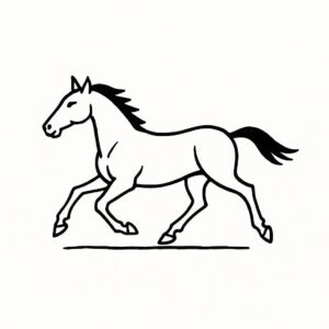Coloring page of a racehorse, farm horse running at sunset