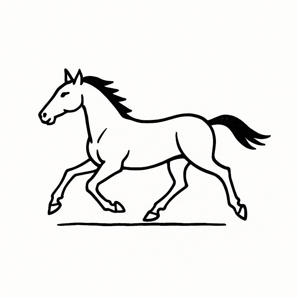 Coloring page of a racehorse, farm horse running at sunset