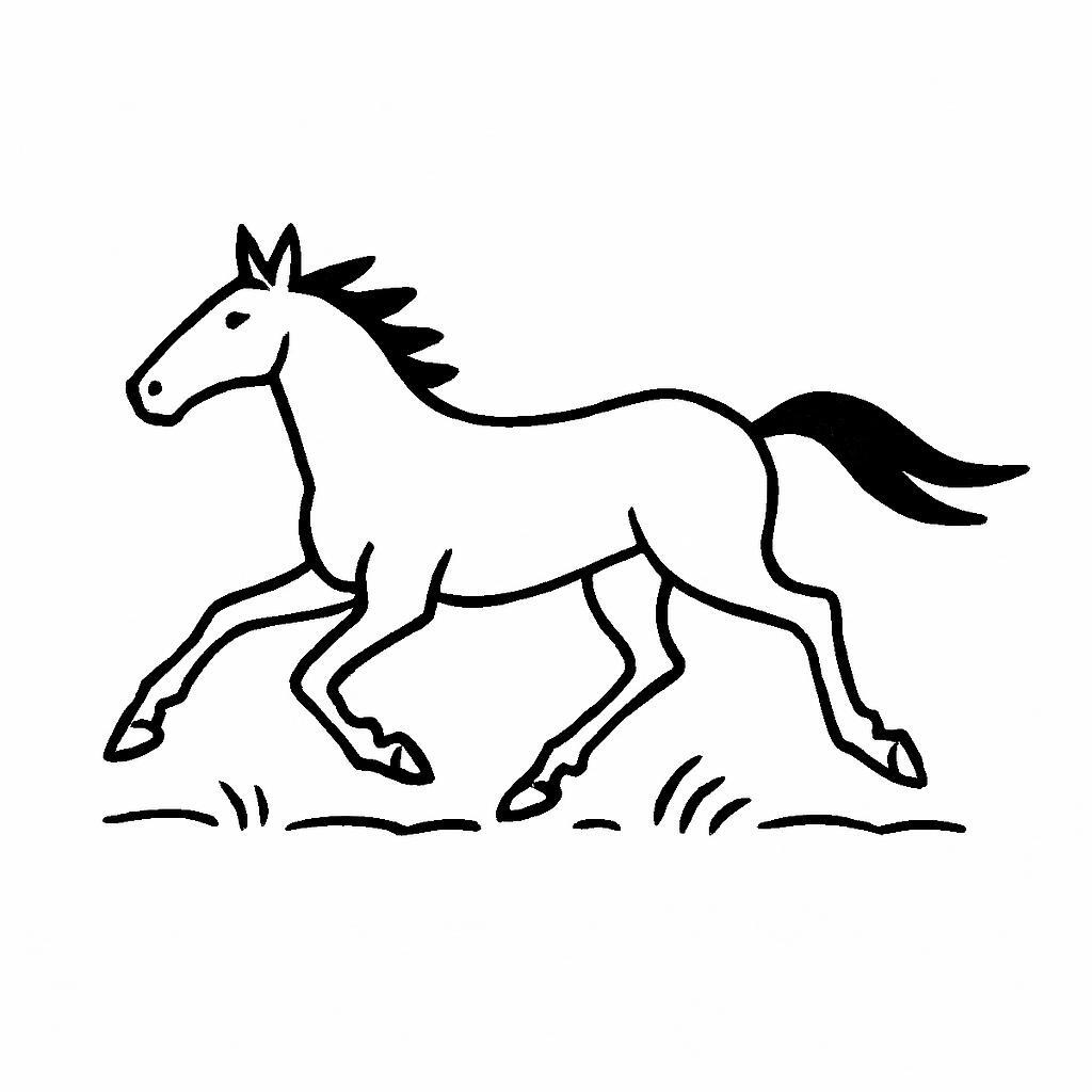 Coloring page of a racehorse, free-spirited mustang galloping through a field