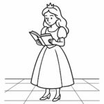 Page à colorier d&rsquo;une demoiselle royale, héroïne courageuse lisant un ancien livre