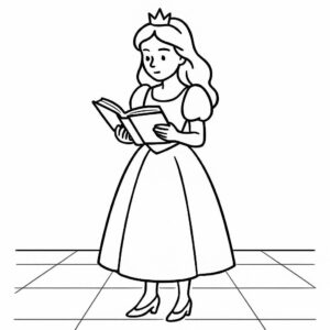 Coloring page of a royal maiden, brave heroine reading an ancient book