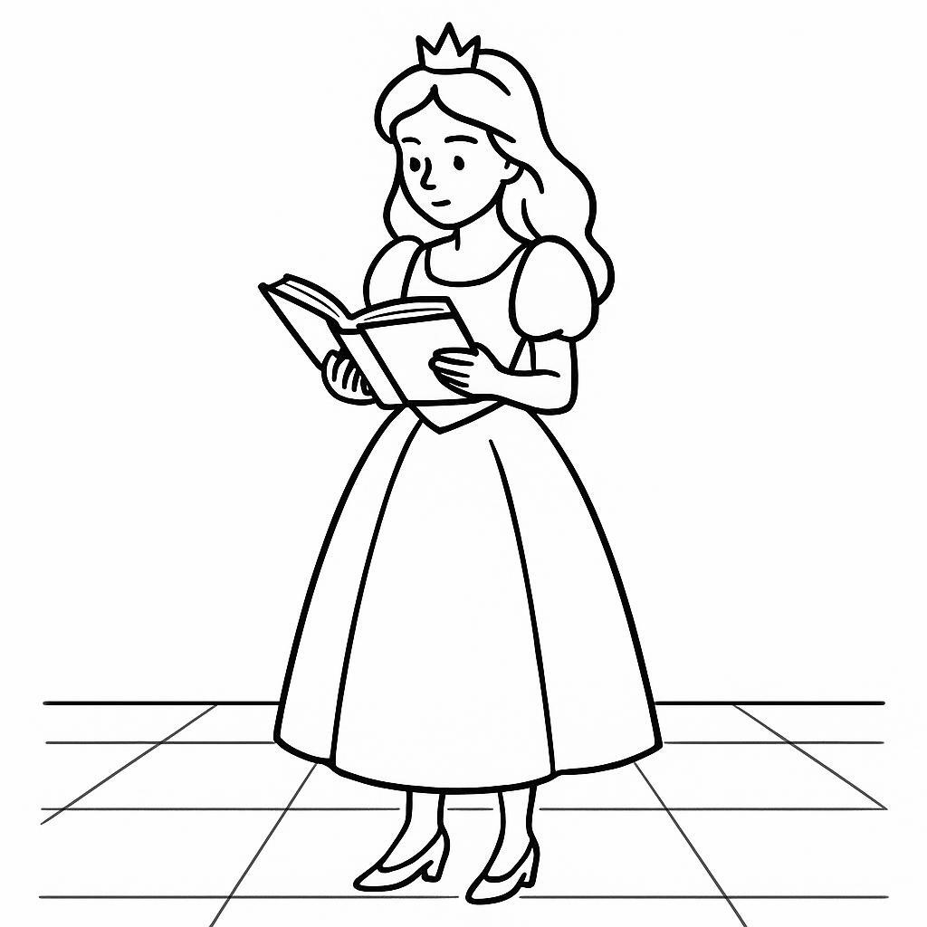 Coloring page of a royal maiden, brave heroine reading an ancient book