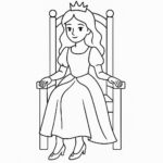 Page à colorier d’une demoiselle royale, beauté royale assise sur un trône
