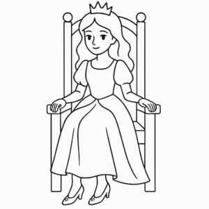 Coloring page of a royal maiden, royal beauty sitting on a throne