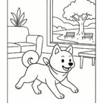 Page à colorier d&rsquo;un chien Shiba Inu, explorateur curieux courant dans un parc