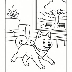 Coloring page of a Shiba Inu dog, curious explorer running in a park