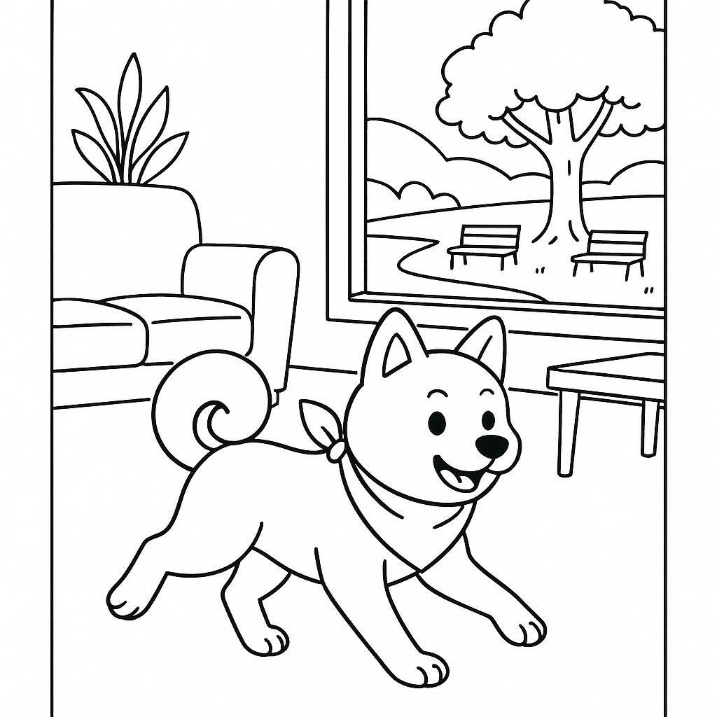 Coloring page of a Shiba Inu dog, curious explorer running in a park
