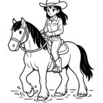 Page de coloriage d&rsquo;une cavalière de cheval Shire, cowgirl traversant une rivière