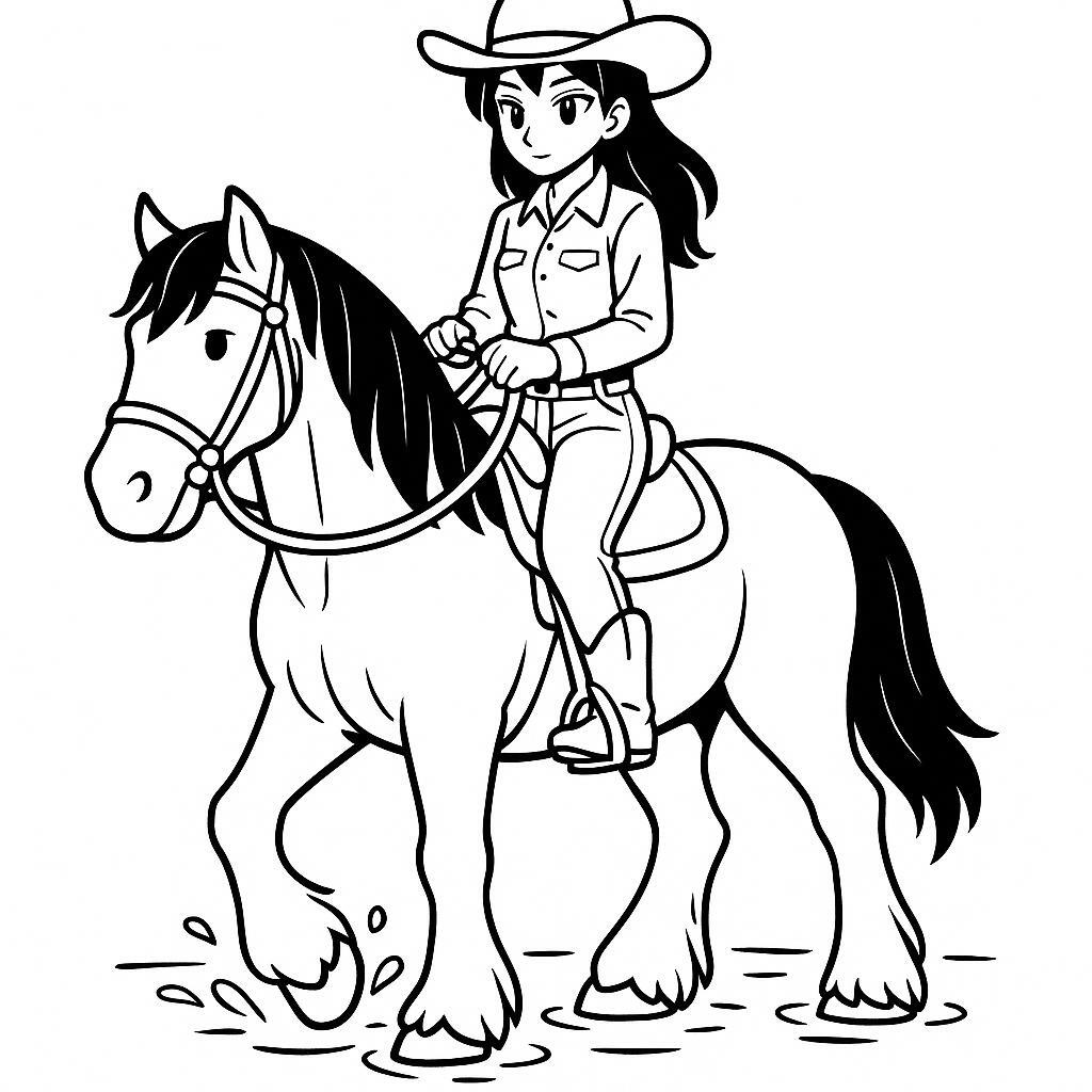 Coloring page of a Shire horse female rider, cowgirl crossing a river