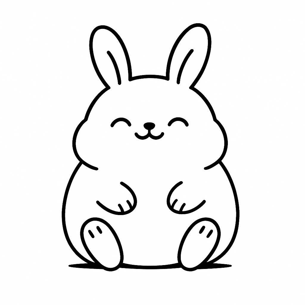 Coloring page of a smoosh squishy animal, chubby bunny sitting happily