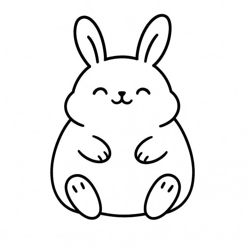 Coloring page of a smoosh squishy animal, chubby bunny sitting happily