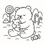 Page à colorier d&rsquo;un animal smoosh squishy, ours en peluche étreignant un jouet en peluche