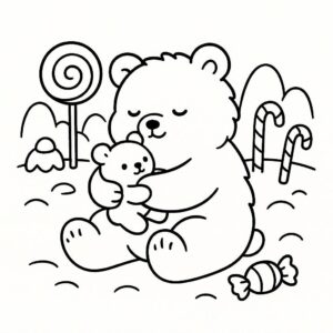 Coloring page of a smoosh squishy animal, fluffy bear hugging a plush toy