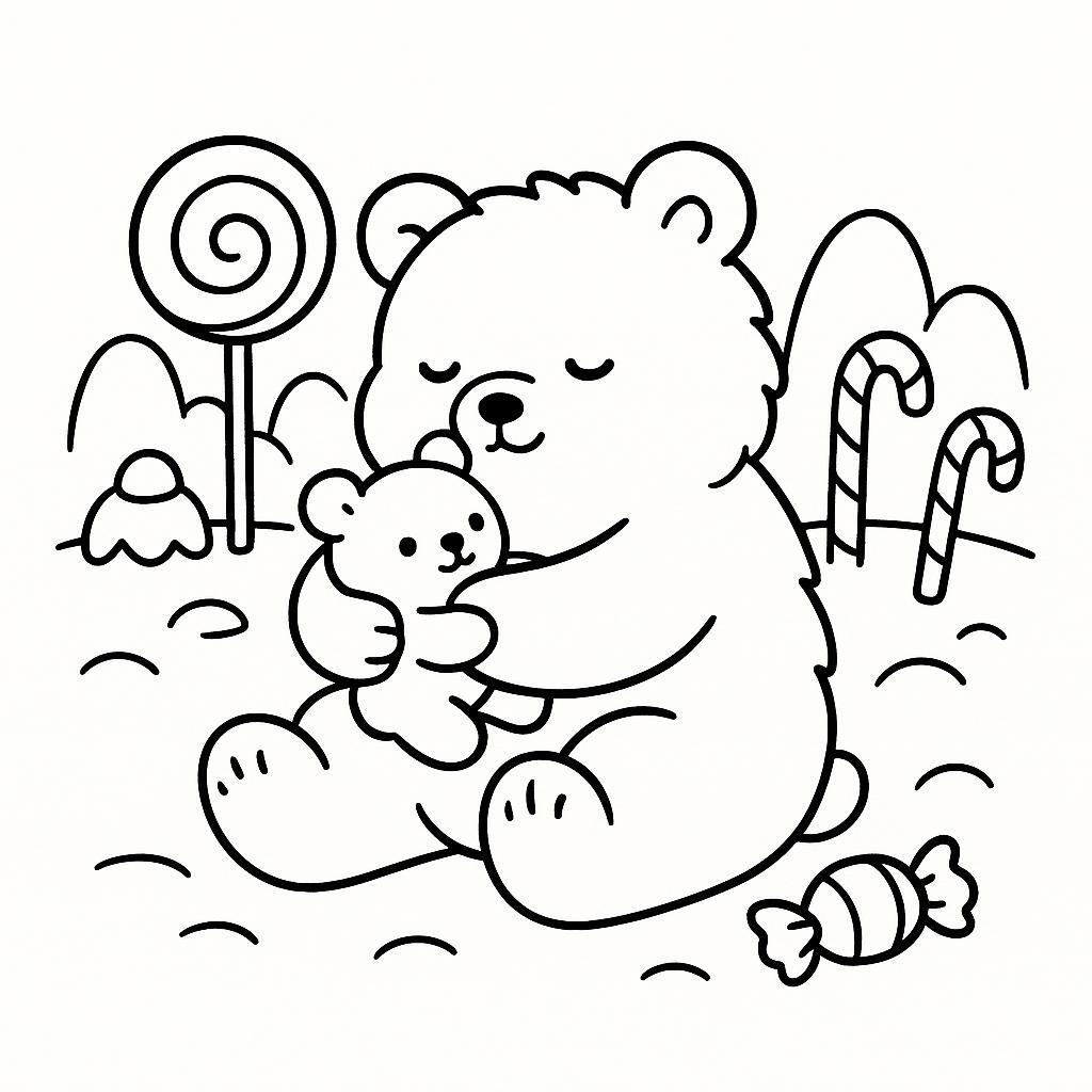Coloring page of a smoosh squishy animal, fluffy bear hugging a plush toy