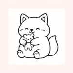 Page de coloriage d’un animal smoosh squishy, renard dodu câlinant une peluche