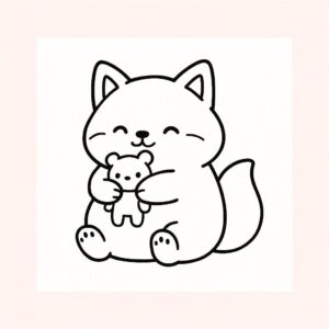 Coloring page of a smoosh squishy animal, plump fox hugging a plush toy