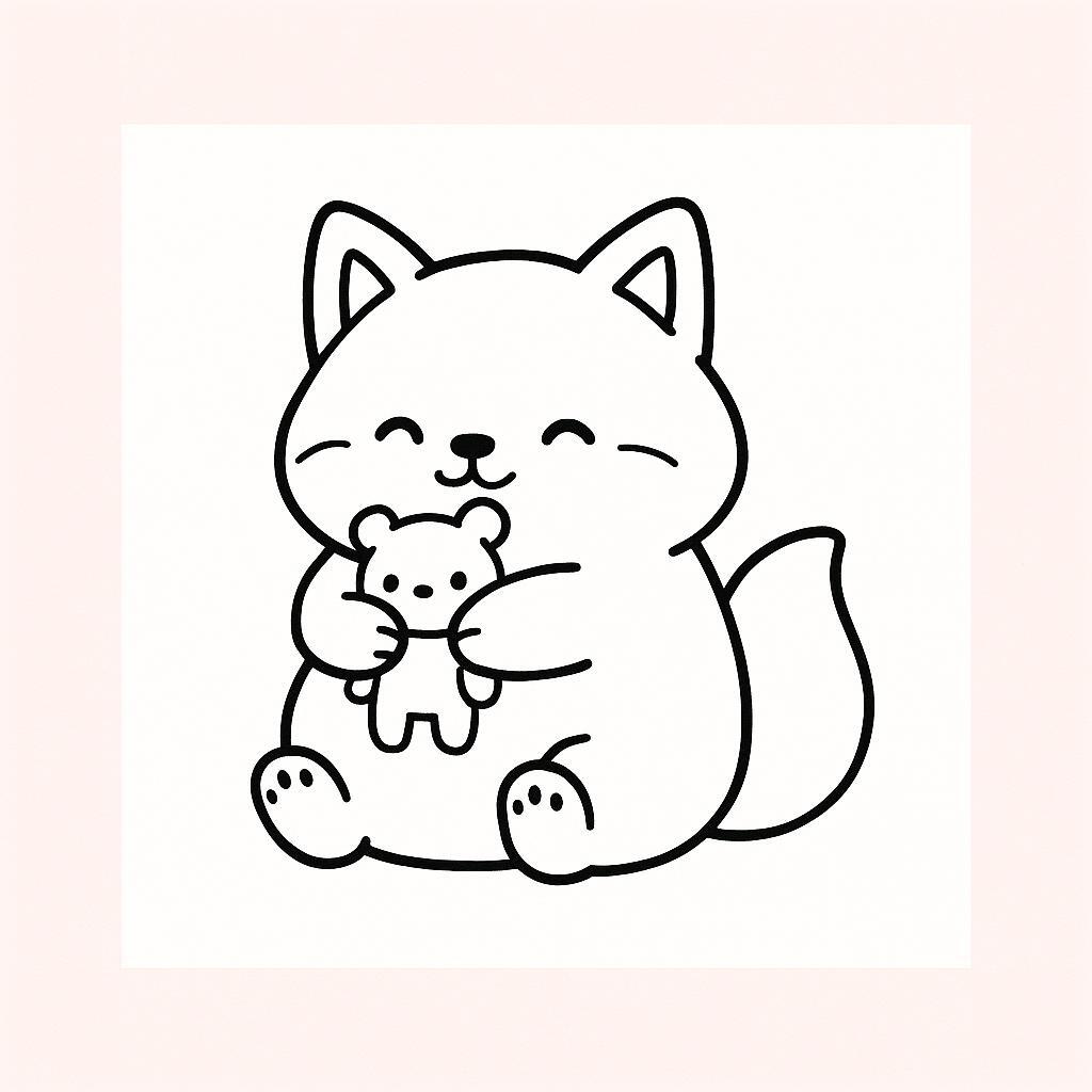 Coloring page of a smoosh squishy animal, plump fox hugging a plush toy