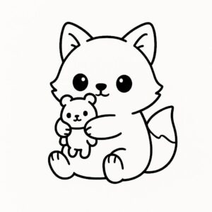 Coloring page of a smoosh squishy animal, plump fox hugging a plush toy