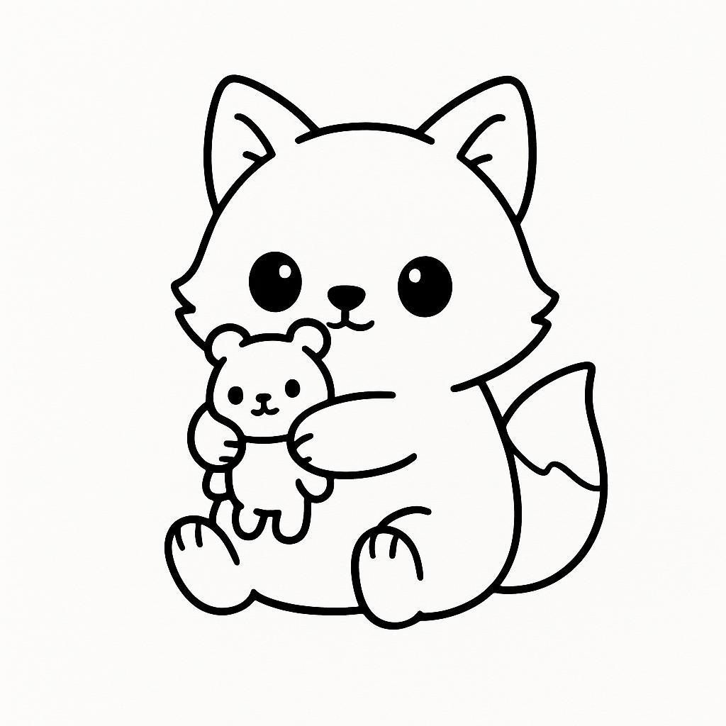Coloring page of a smoosh squishy animal, plump fox hugging a plush toy
