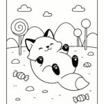Page à colorier d’un animal smoosh squishy, renard dodu se roulant