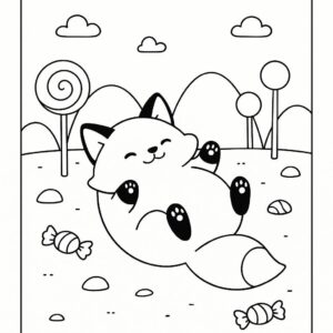 Coloring page of a smoosh squishy animal, plump fox rolling around